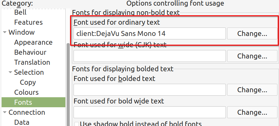 Putty Schrifteinstellung